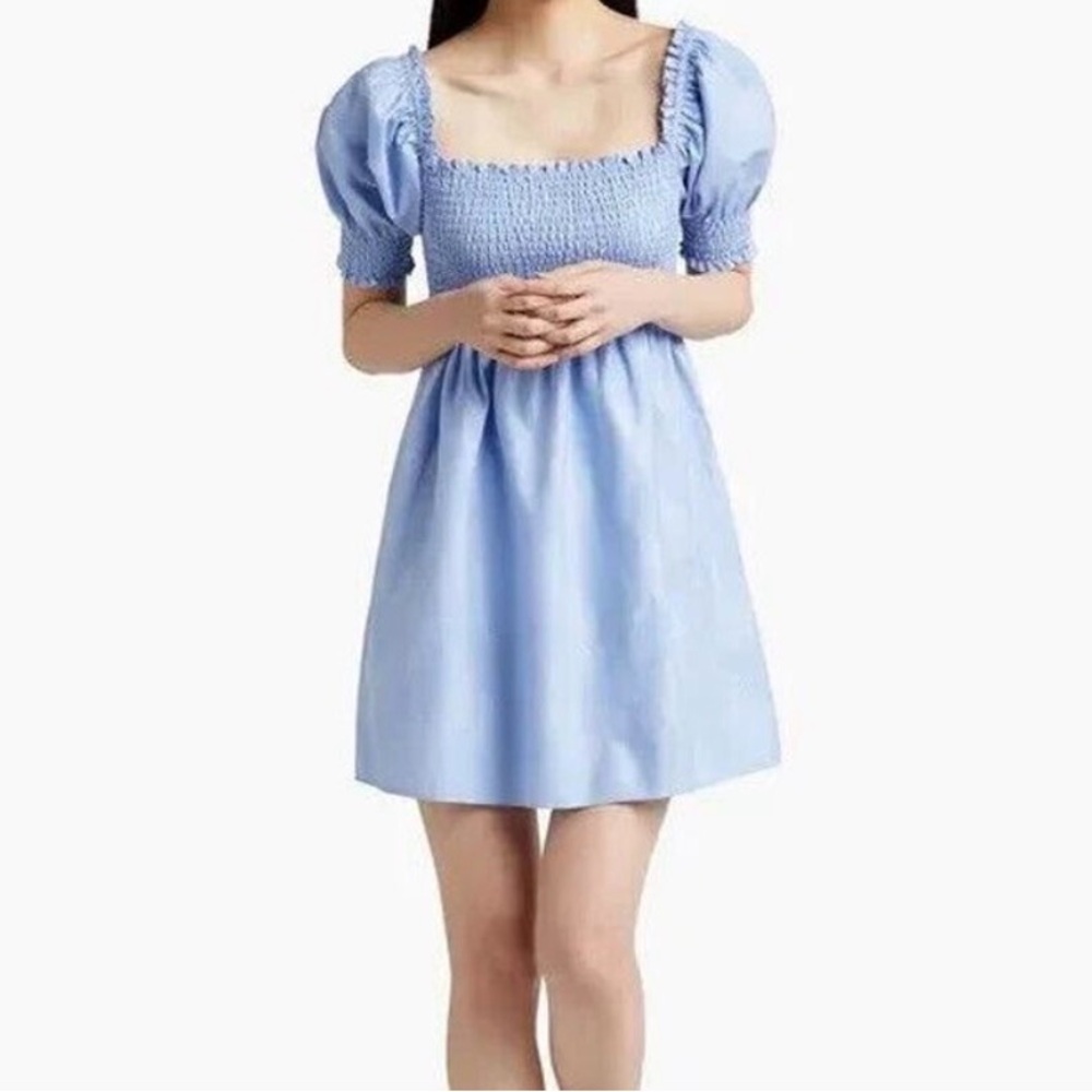 Hill House Light Blue Smocked Puff-Sleeve Mini Dress